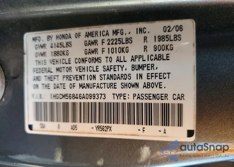2006 Honda Accord Ex z USA, uszkodzony, nr VIN 1HGCM56846A099373